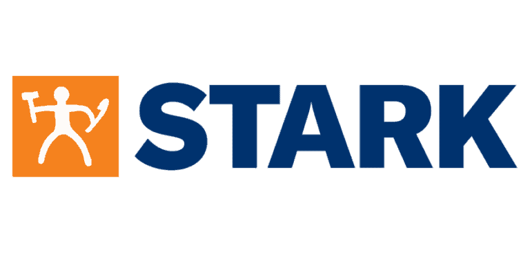 Stark logo med orange figur og blå tekst.