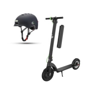 El-scooter og hjelm til komfortabel og sikker bykørsel.